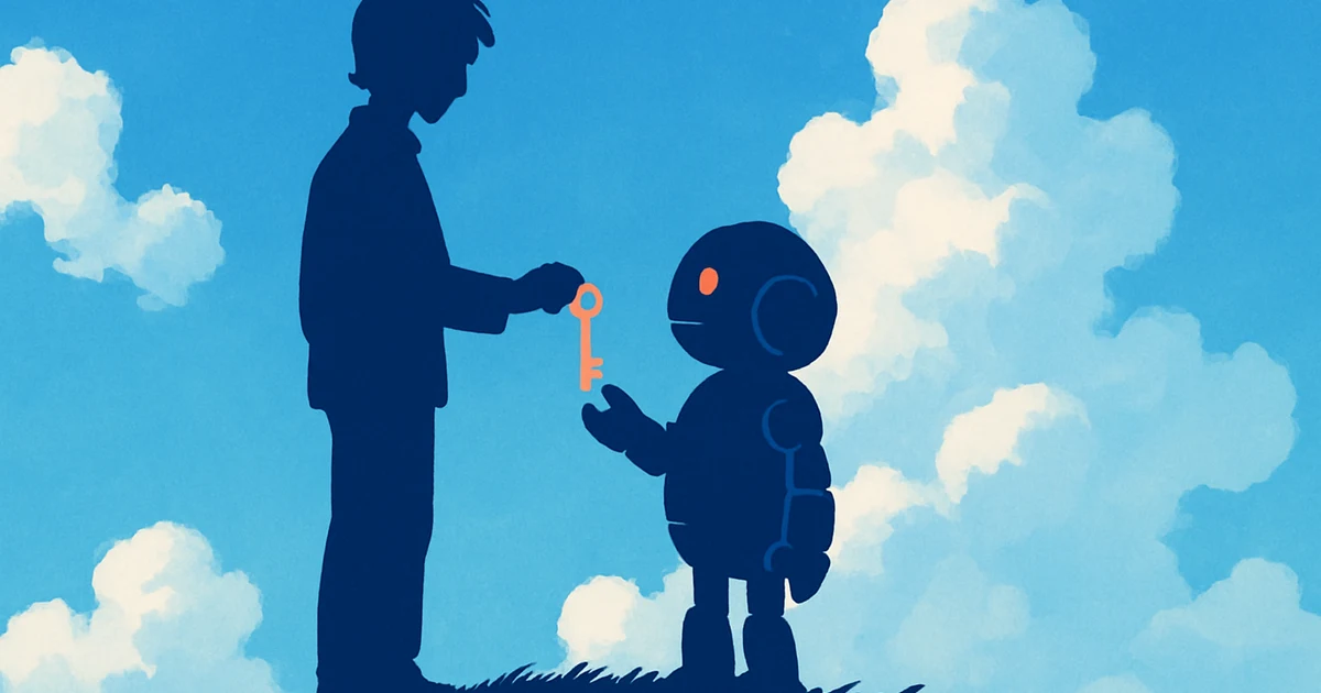 A person hands a single key to a small robot — the agent gets its own key, not the whole ring