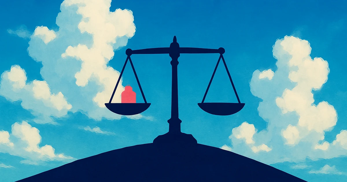 A balanced two-pan scale on a hilltop against a midday sky, one coral weight on a pan