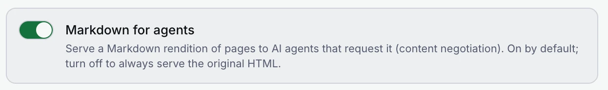 The 'Markdown for agents' toggle in a Lessly static service's settings, switched on