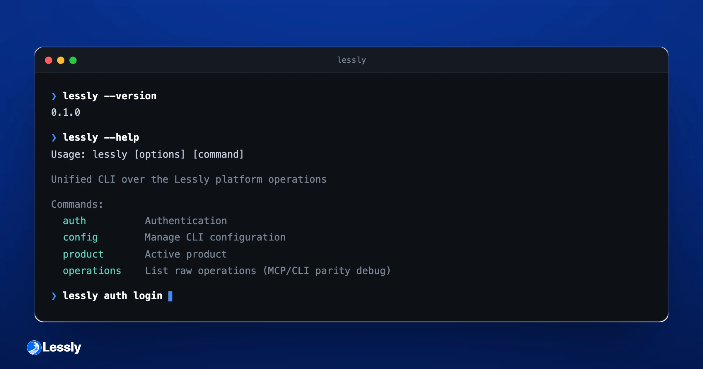 A terminal running the Lessly CLI — lessly --help lists the auth, config, product, and operations commands